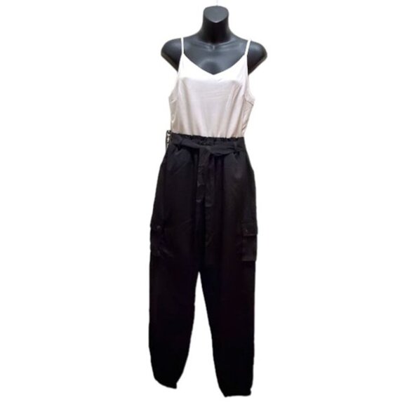 J for Justify Sleeveless Black & White Tie Waist Cargo Jumpsuit Size M - Picture 4 of 16